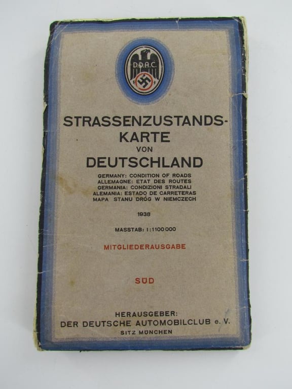 Original Third Reich Color ADAC STRASSENZUSTANDSKARTE VON DEUTSCHLAND 1938
