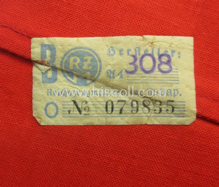 Moderately used and/or worn, linnen-based armband (ie. 'Armbinde') as was intended for usage by the staff of the: 'SA-Wehrmannschaften' (being a worn example that still retains its period-attached 'RzM'-etiket)