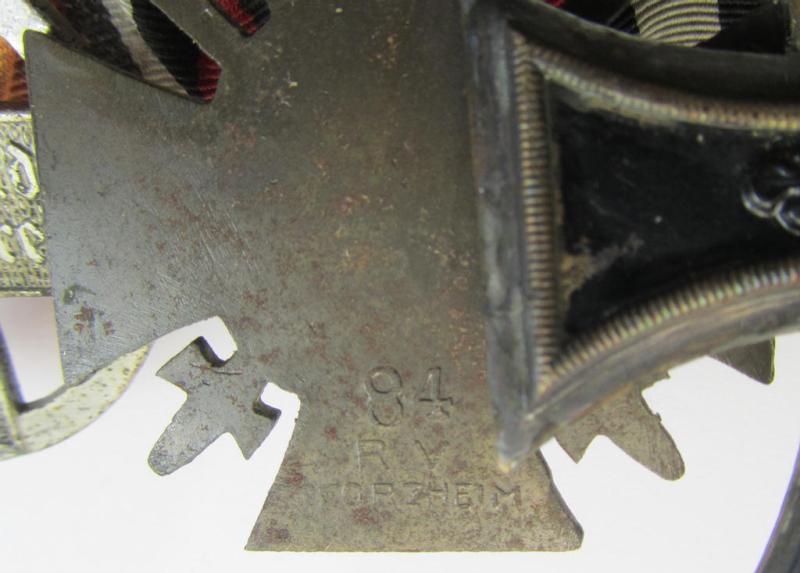 Attractive, WWI- (ie. TR-) period so-called: 'Ordenspange' (being of the non-'detachable-pattern') showing resp. an: 'EK II. Kl.'. a: 'FKK 1914-18 mit Schw.' and a (scarcely seen!): 'DRK-Ehrenzeichen des 3. Modell'