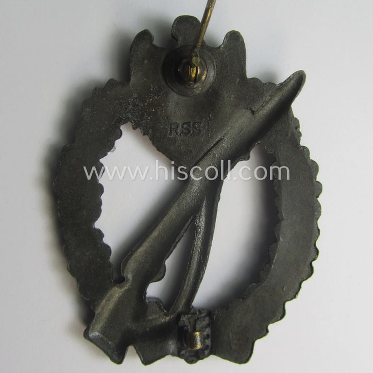 Hardly used, 'Infanterie Sturmabzeichen in Bronze' being a clearly maker- (ie. 'RS&S'-) marked, 'semi-hollow-back' example by the desirable maker: 'Richard Sieper u. Söhne' as was executed in golden-bronze-coloured, zinc-based metal