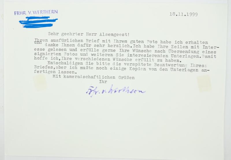 Signature of Wehrmacht Heer KC  Recipient 'Thilo Freiherr von Werthern '