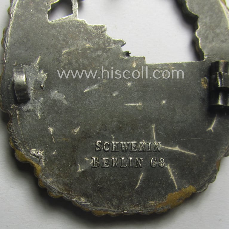 Superb - albeit moderately worn! - luxuriously-styled WH (Kriegsmarine) 'Zerstörerkriegsabzeichen' being a maker-marked example as executed in typical 'Buntmetall' as was produced by the desirable maker (ie. 'Hersteller'): 'Schwerin - Berlin'