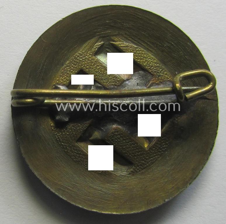 Unusually-found - luxuriously-styled, very detailed and pronounced! - golden-bronze-toned, N.S.D.A.P.-related day-badge (ie. 'tinnie' or: 'Veranstaltungsabzeichen') as was issued to commemorate the: 'Gautag . Muenchen . Juli 1932'