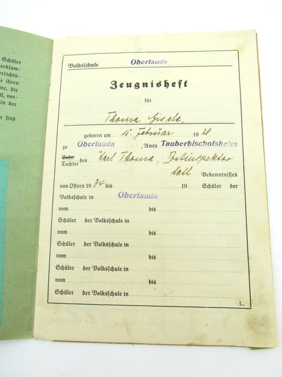 German WWII Era certificate booklet ( Zeugnisheft )