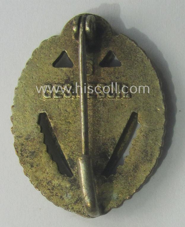 Honorary-membership-lapel-pin (aka: 'Goldene Ehrennadel für 50 Jahre Mitgliedschaft im Nationalsocialistischer Reichskriegerbund' (ie. 'N.S.R.K.B.') being a maker- (ie. '6'-) marked example that also bears a: 'Ges.Gesch.'-designation