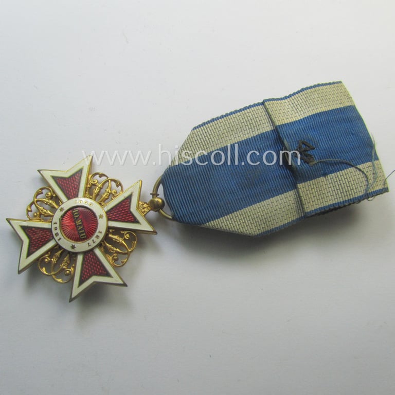 Superb - golden-toned- and nicely enamelled! - Romanian, officers'-pattern military-cross: 'Order of the Crown of Romania' (being an early example of the first pattern that was issued between 1881 and 1941)