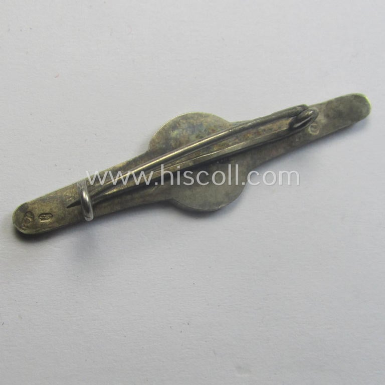 Unusually found - and actually scarcely seen! - smaller-sized, I deem genuine silver-based and neatly enamelled so-called: 'Brosche' (ie. supporter-brooch) showing a smaller-sized 'Parteiabzeichen'