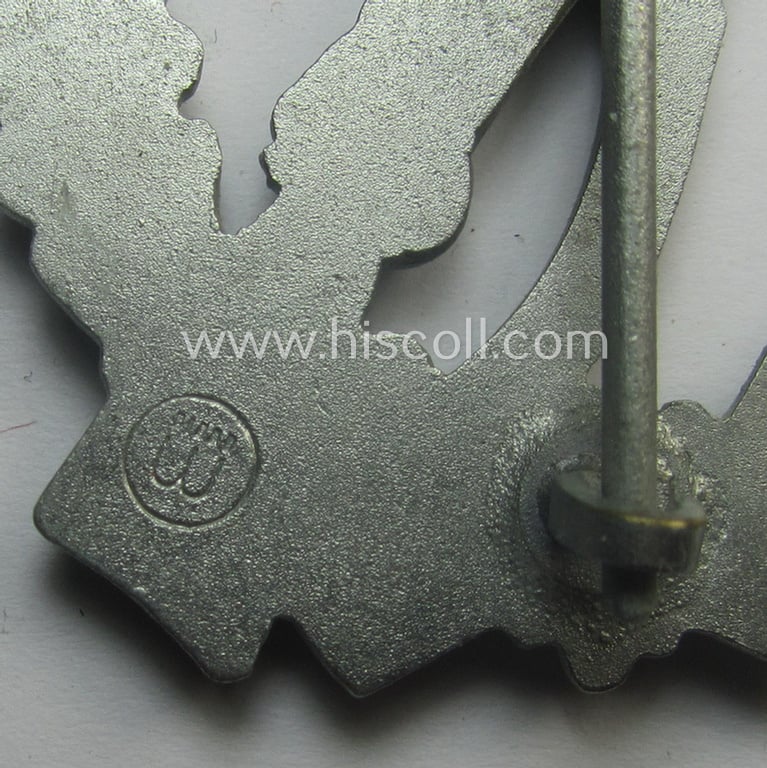 Superb, 'Infanterie Sturmabzeichen in Silber' (or: silver-class infantry assault-badge ie. IAB) being a maker- (ie. 'ÜÜ'- ie. 'E.F. Wiedmann') marked so-called: 'Lily Pad-hinge'-example as was executed in zinc-based metal