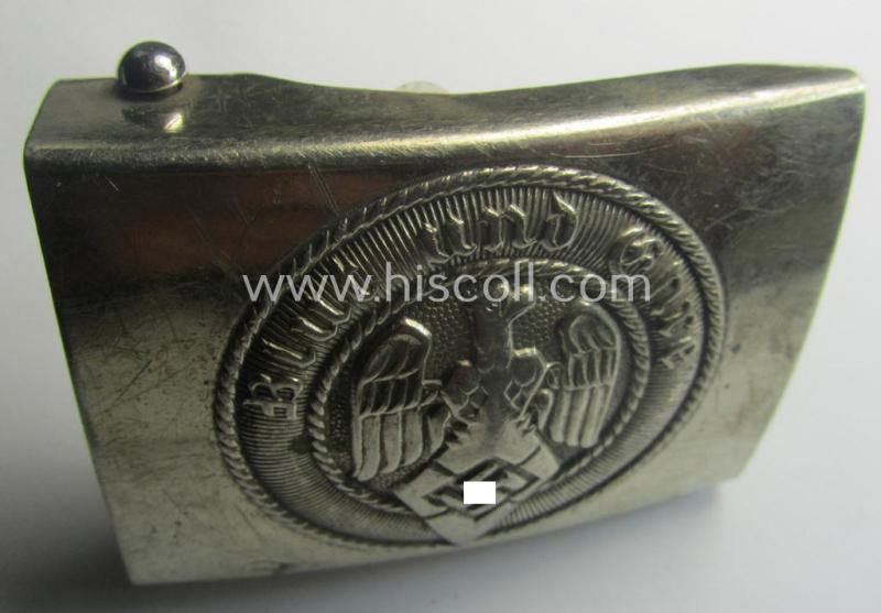 Moderately used, HJ (ie. 'Hitlerjugend') bright-silver-coloured- (ie. nickle-chrome-based and I deem early-pattern) belt-buckle being a non-maker-marked example