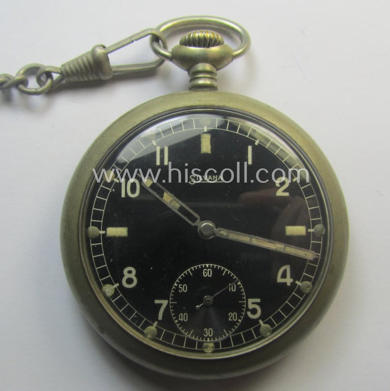 Attractive - and scarcely encountered! - 'Deutsche Wehrmacht'- (ie. WWII-period) pocket-watch ('Dienstuhr') of the make: 'Silvana' having a black-coloured dial-plate and/or engraved back-plate that reads: 'D 347441 H'