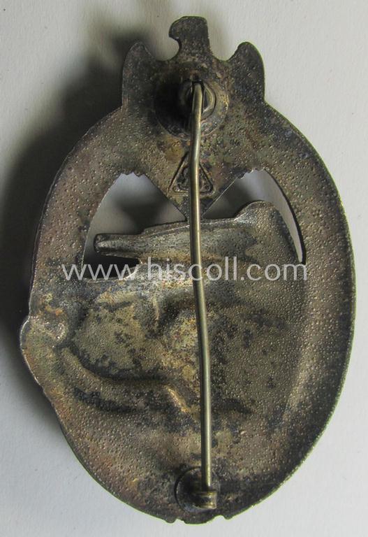 Moderately used 'Panzerkampfabzeichen in Silber' (or: silver-class panzer-assault badge or PAB) being a clearly maker- (ie. 'AS' in a triangle-) marked- and/or typical zinc- (ie. 'Feinzink'-) based specimen as was procuced by a to date unknown...
