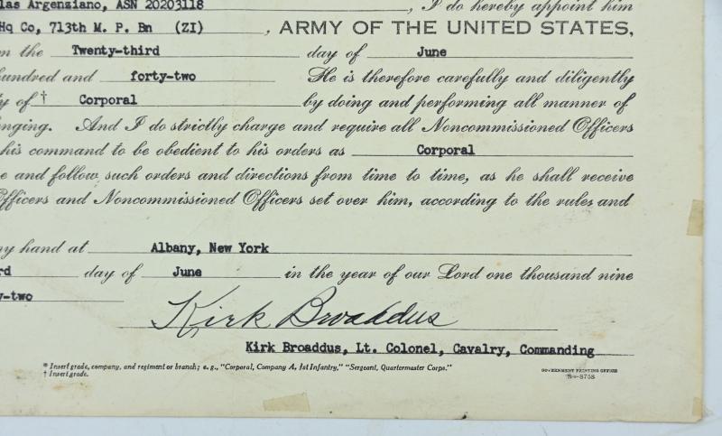 US WW2 Military Police Promotion Certificate