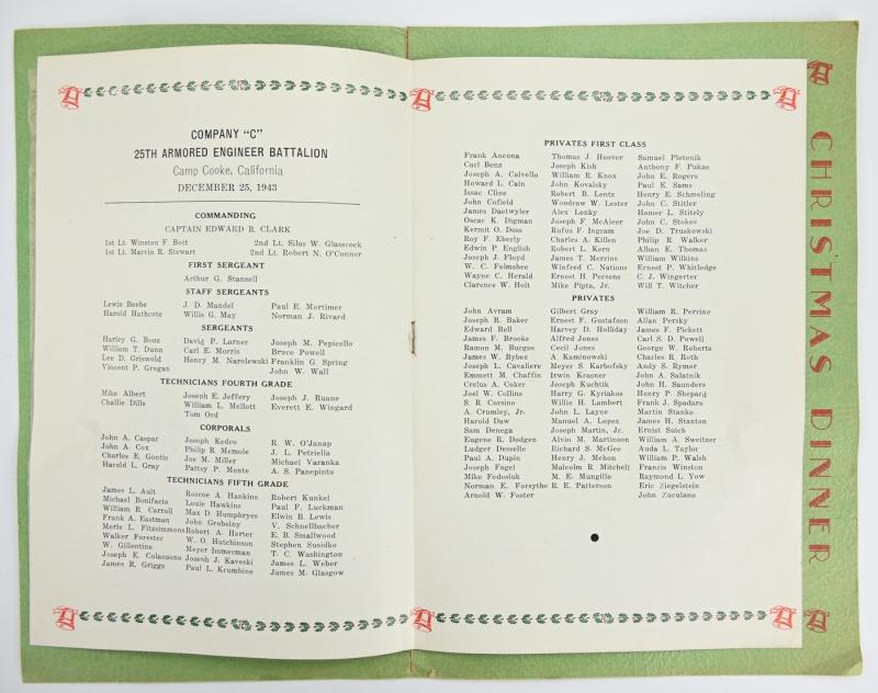 US WW2 25th Armored Engineer Bn Christmas Dinner Card
