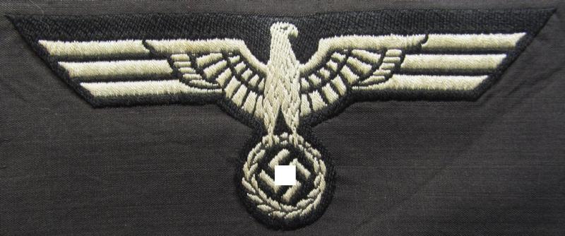 Neat, WH (Heeres) early- (ie. pre-) war-period- and/or white-coloured 'Panzer'-type breast-eagle of the so-called: 'M35'- (ie.'M36'-) pattern as was executed in the neat 'BeVo'-weave pattern on a black-coloured background