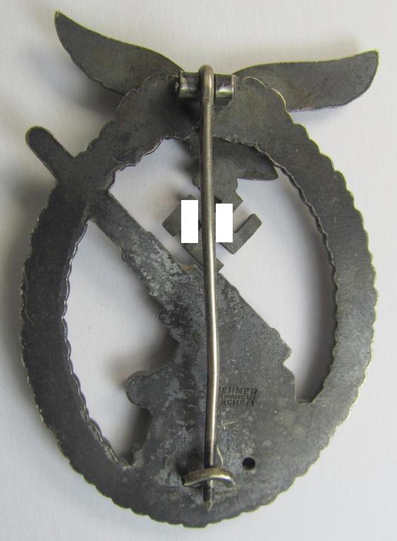 Superb, very early-period 'nickle-silver'-based- example of a maker- (ie. 'Brehmer'-) marked WH (Luftwaffe) 'Flakkampfabzeichen' (or: airforce anti-aircraft badge) being a detailed example as was produced by the: 'Gustav Brehmer'-company