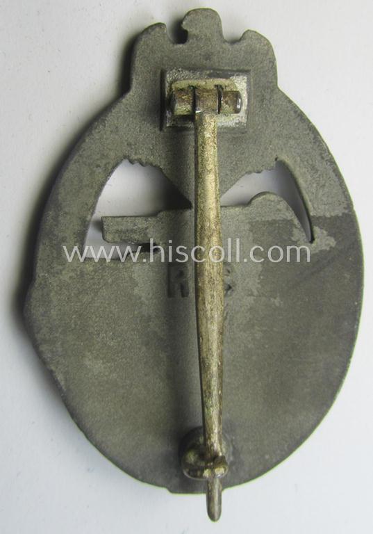 'Panzerkampfabzeichen in Silber', being a maker- (ie. 'RS'-) marked version as executed in zinc- (ie. 'Feinzink'-) being a so-called: 'Broad Maker Mark - Broad Pin'-variant as was produced by the: 'Rudolf Souval'-company