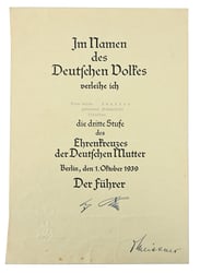 German Mother's Cross in Bronze Certificate