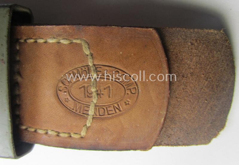 Minimally used, WH (Heeres) field-grey-coloured- and/or steel-based belt-buckle being a clearly maker-marked example that comes mounted onto its maker- (ie. 'Schmöle & Comp - Menden'-) marked and/or '1941'-dated leather-based tab