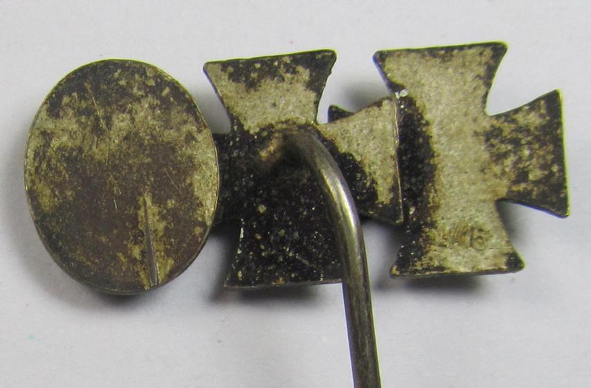Detailed, 9-mm.-sized medal-lapel-pin, being a maker- (ie. 'L/16'-) marked example depicting respectively: an 'EK I. Klasse', an: 'EK II. Klasse' and a: 'Verwundeten-Abzeichen in Silber'
