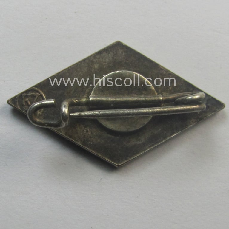 HJ (ie. 'Hitlerjugend') enamelled lapel-pin (ie.: 'Raute') with an: 'RzM - M1/6'-makers'-designation (ie. 'Karl Hensler - Pforzheim')