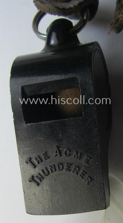 WH (Heeres, Kriegsmarine etc.) personal-equipment-item: a 'Bakelite'- (ie. resin-) based flute (ie. 'Dienstflöte') onto its original (brownish-coloured- and/or leather-based) lanyard