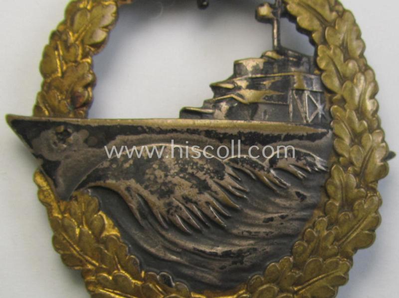 Attractive - albeit moderately worn! - WH (Kriegsmarine) 'Zerstörerkriegsabzeichen' being a maker-marked example as executed in typical 'Buntmetall' as was produced by the desirable maker (ie. 'Hersteller'): 'Schwerin - Berlin'