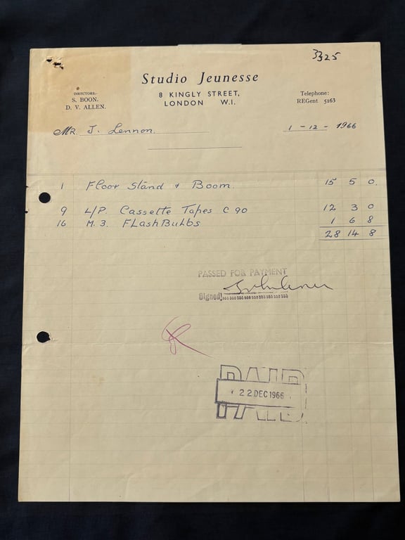 VERY RARE JOHN LENNON (BEATLES) HAND SIGNED RECEIPT DECEMBER 1st  1966.