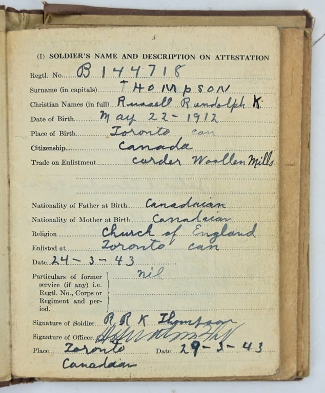 Canadian WW2 Service Book 'Russell Thompson' Canadian Queens Own Rifles