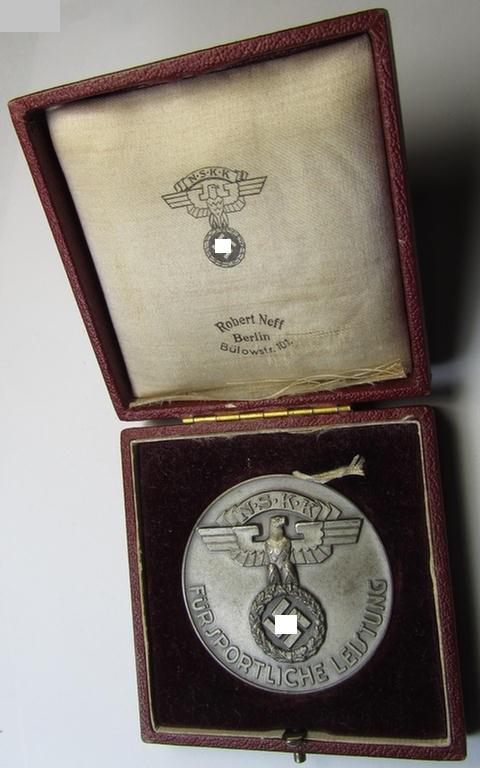 Superb, commemorative plaque (ie. 'Erinnerungs- o. nichttragbare Auszeichnungsplakette') showing an N.S.K.K.-eagle-device and text: 'Für Sportliche Leistungen' and that comes stored in its period etui