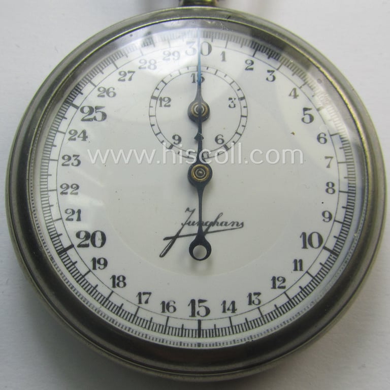 WWII-period- (ie. 'Deutsche Wehrmacht'-related-) pocket-chronograph (ie. 'Dienstchronograph') of the make: 'Junghans', having a white-coloured dial-plate and that comes in a clearly used and non-functional, condition