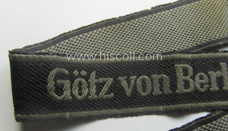 Truly used- and/or worn, Waffen-SS 1943/44-pattern cuff-title (ie. 'Ärmelstreifen') as executed in typical 'BeVo'-weave-pattern as was intended for a member within the: 17. SS-Pz-Gren.-Division 'Götz von Berlichingen'