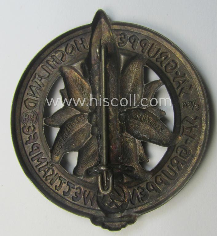 Commemorative, copper-toned- and zinc-based, SA-related 'tinnie', being a maker- (ie. 'Klotz u. Kienast'-) marked example depicting an 'Edelweiss'-flower, sword and SA-logo surrounded by the text: 'SA-Gruppe Hochland - SA-Gruppenwettkämpfe 193...