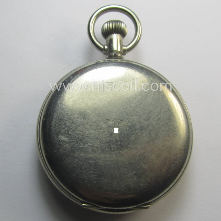 WWII-period- (ie. 'Deutsche Wehrmacht o. KM'-related-) pocket-chronograph (ie. 'Dienstchronograph') of the make: 'Junghans', having a white-coloured dial-plate and that comes in a moderately used and still functional, condition