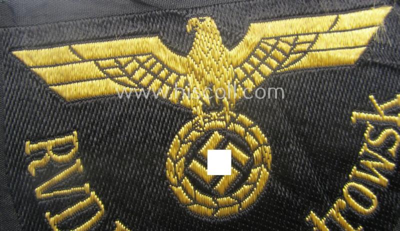 RB- ('Reichsbahn'-) related arm-eagle as executed in 'BeVo'-weave style, as was intended for an official of the: 'Deutsche Reichsbahn' ie. the: 'RVD Dnjepropetrowsk' (or: 'Reichsverkehrsdirektion Dnjepropetrowsk')