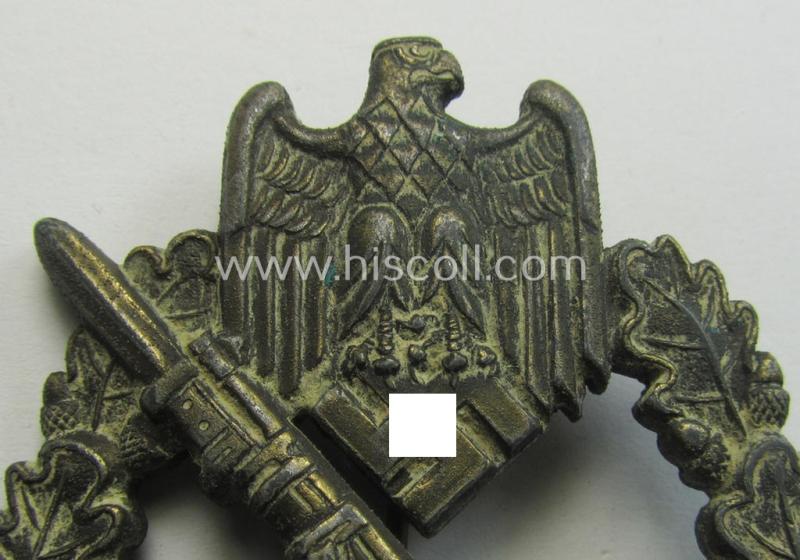 Neat - albeit moderately worn! - 'Infanterie Sturmabzeichen in Bronze' being a maker- (ie. 'MK' in a triangle-) marked (and/or minimally converse- ie. vaulted-) example by a to date still unidentified maker as was executed in golden-bronze-toned,...