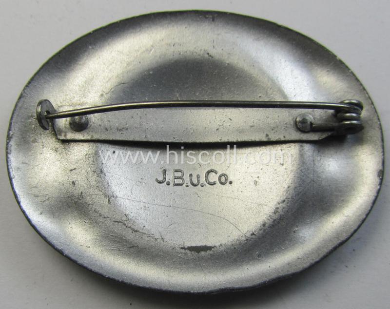 Neat, 'Reichsarbeitsdienst der weiblichen Jugend' (or: RADwJ ie.: Womens Labour Service) so-called: 'Erinnerungsbrosche' (or: commemorative-brooch) being a maker- (ie. 'J.B.u.Co.'-) marked example as was executed in greyish-toned, zinc-based me...