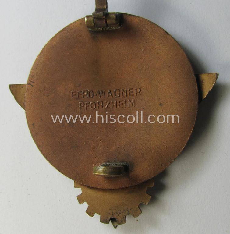 'HJ'- ('Hitlerjugend') ie. 'BDM'- ('Bund Deutscher Mädel') related: 'Reichsberufswettkampf-Siegerabzeichen' (of the 2nd model) entitled: 'Kreissieger 1939' and being a neatly maker- (ie.: 'Ferd. Wagner'-) marked example