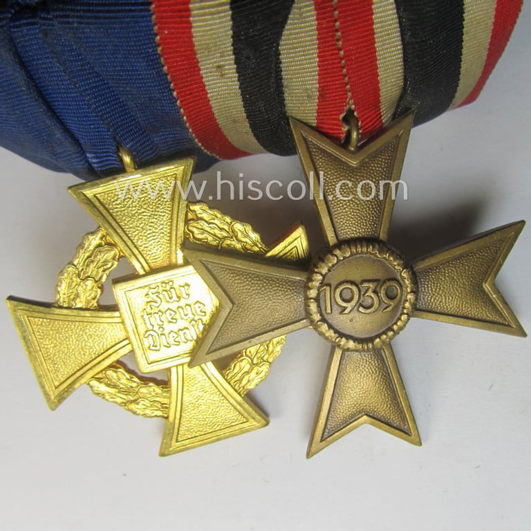 WWII- (ie. Third Reich-) period so-called: 'Orden- o. Doppelspange' (being of the 'non-detachable-pattern') showing resp. a: 'KvK II. Klasse ohne Schwertern' and a: 'Treuedienst Ehrenzeichen der 1. Kl.'