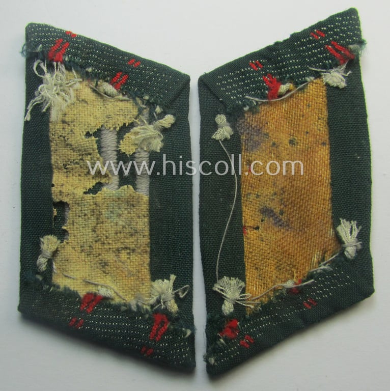 Pair of WH (Heeres) later-war-pattern, officers'-type collar-tabs (ie. 'Kragenspiegel für Offiziere') as entirely executed in 'BeVo'-weave pattern as was intended for an officer serving within the: '(Sturm)Artillerie-Trpn.'