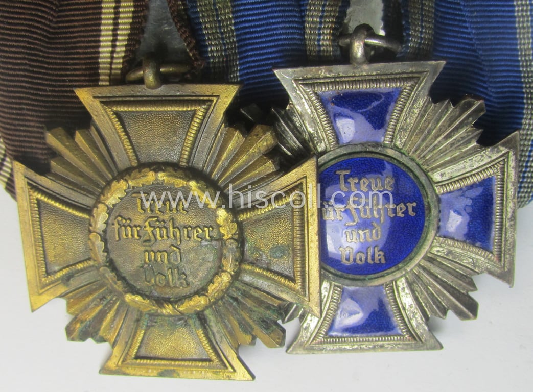 Superb, 2-pieced N.S.D.A.P.-related medal-bar (ie. 'Orden- o. Doppelspange') showing resp. a: 'D.A. in Silber' (ie. '2. Stf. für 15 Jahre t.D.') and a: 'D.A. in Bronze' (ie. '3. Stf. für 10 Jahre t.D.')
