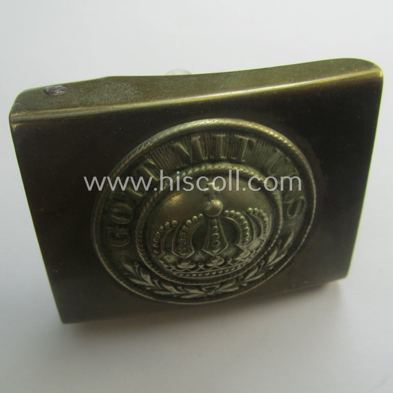WWI-period (ie. 'Preussen'-related), copper- (ie. nickle-crome-) based, EM/NCO-type belt-buckle being a moderately used example that comes with its accompanying belt as issued and/or most certainly worn