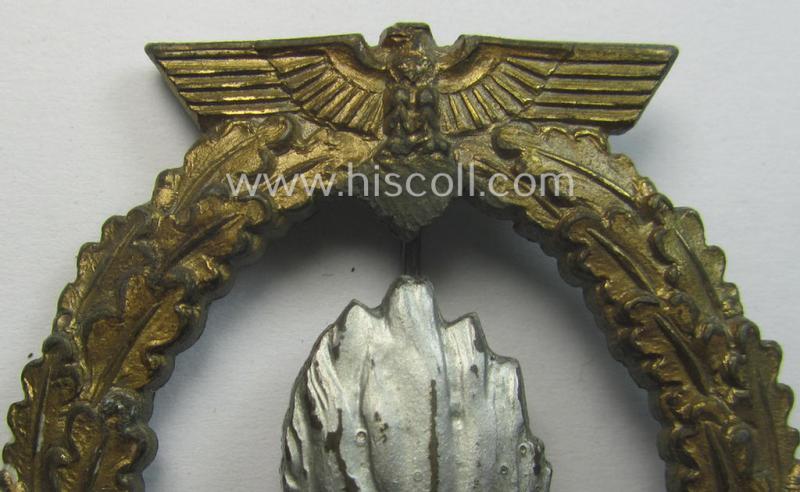 Regrettably denazified, WH (KM) 'Kriegsabzeichen für Minensuch-, U-Boot-Jagd und Sicherungs-Verbände' (being a typical maker-marked, 'Feinzink'-based example as was produced by the: 'Adolf Scholze'-company)