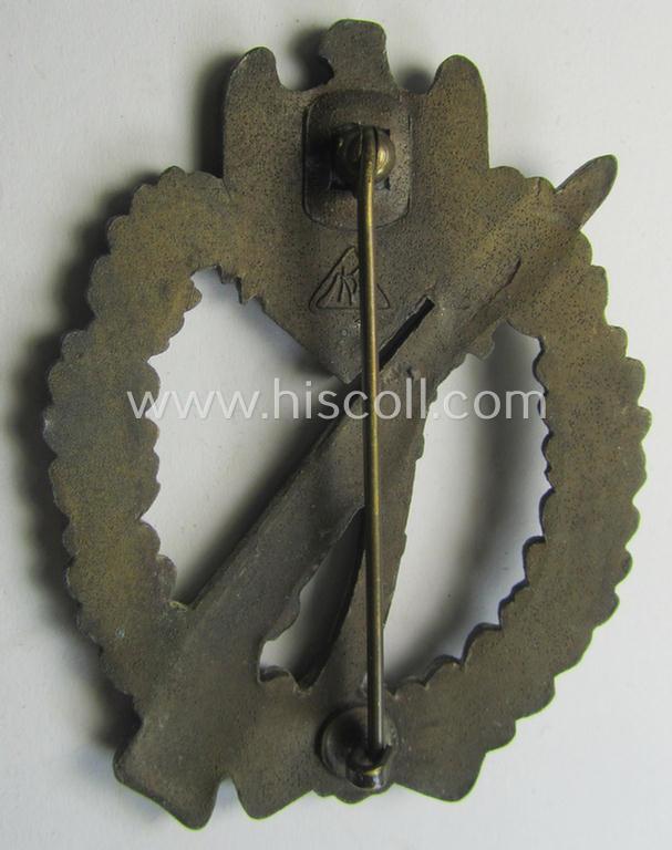 Neat - albeit moderately worn! - 'Infanterie Sturmabzeichen in Bronze' being a maker- (ie. 'MK' in a triangle-) marked (and/or minimally converse- ie. vaulted-) example by a to date still unidentified maker as was executed in golden-bronze-toned,...