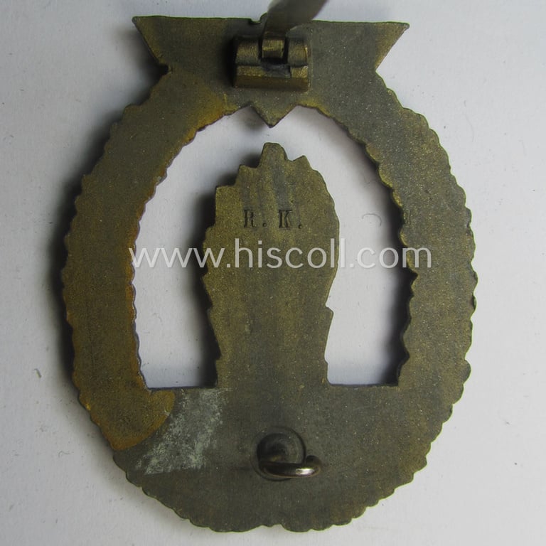 WH (Kriegsmarine) 'Kriegsabzeichen für Minensuch-, U-Boot-Jagd und Sicherungs-Verbände' being a detailed and clearly maker- (ie. 'R.K.') marked, 'Feinzink'-based example as was produced by the 'Rudolf Karneth'-company