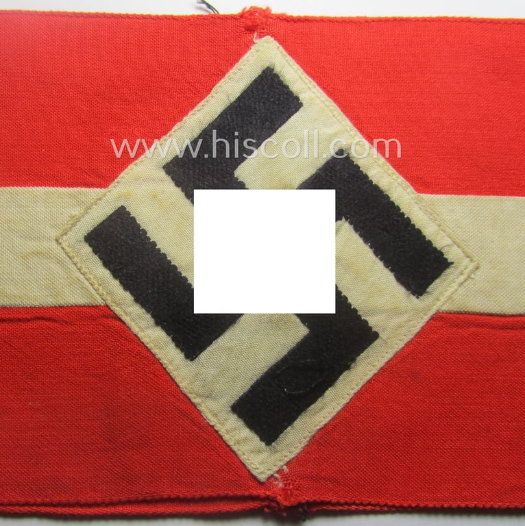 Attractive - and scarcely found! - 'standard-issued'- (ie. entirely woven) pattern, bright-red-coloured HJ- (ie. 'Hitlerjugend'-) related armband (ie. 'Armbinde') being a moderately used example that is void of an 'RzM'-etiket