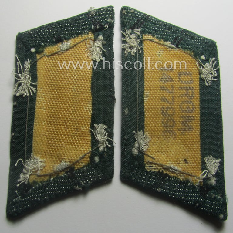 Truly used- and/or worn pair of WH (Heeres) later-war-pattern, officers'-type collar-tabs (ie. 'Kragenspiegel für Offiziere') as entirely executed in 'BeVo'-weave pattern as was intended for an officer serving within the: 'Pionier-Trpn.'