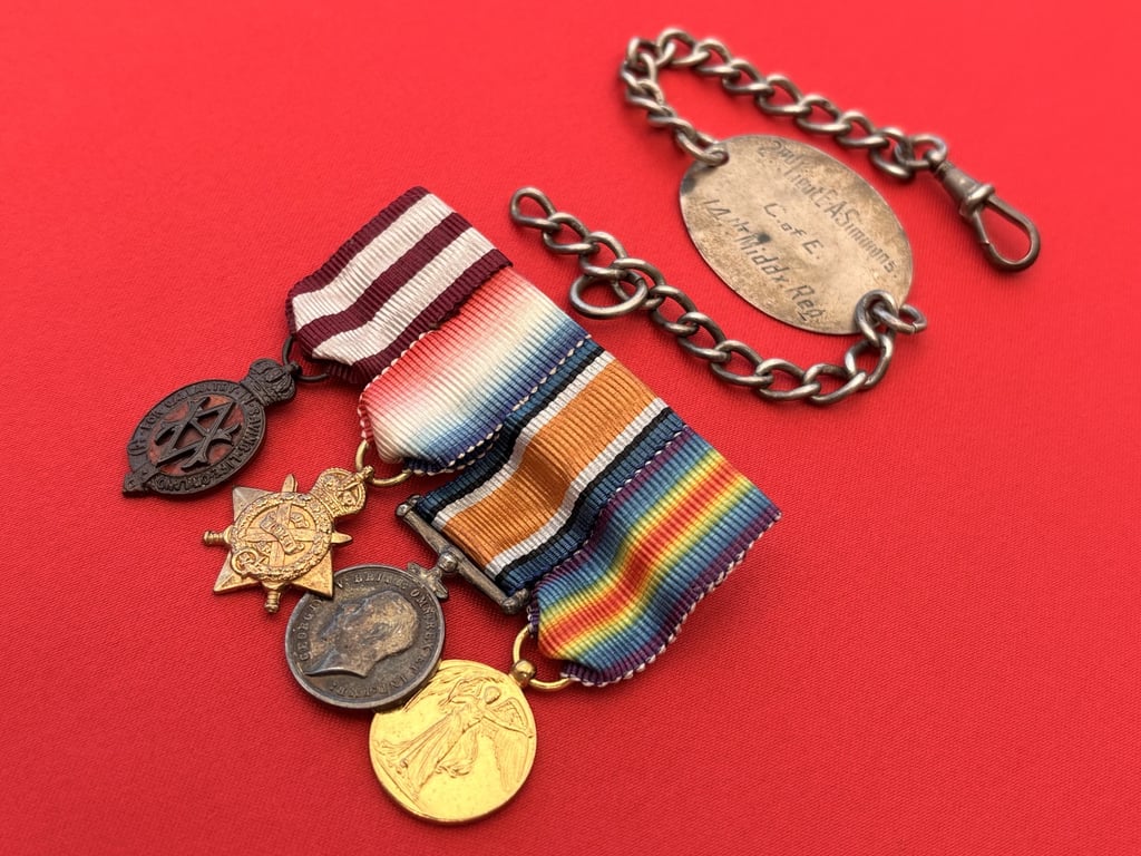 WWI BRITISH SET OF DRESS MINATURES ALBERT MEDAL AND SOLID SILVER IDENTITY BTACELET 1918.