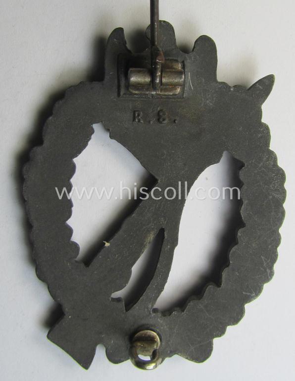 Neat, 'variant'-pattern, zinc- (ie. 'Feinzink'-) based example of an: 'Infanterie-Sturmabzeichen in Silber' being a maker- (ie. 'R.S.'-) marked example as produced by the Austrian maker (ie. 'Hersteller') 'Rudolf Souval' based in Wien (Vi...