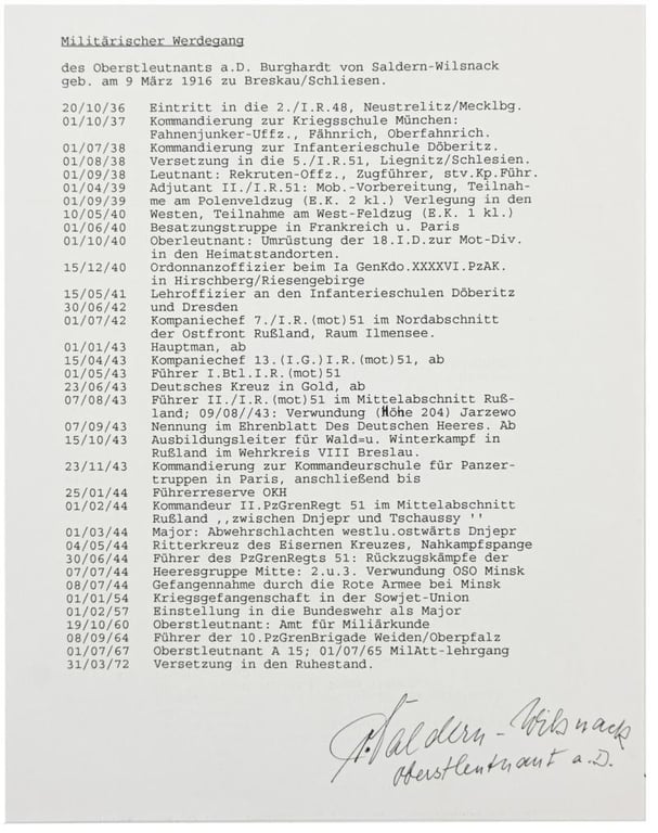 Signature of Wehrmacht Heer KC Recipient 'Burghardt von Saldern-Wilsnack'