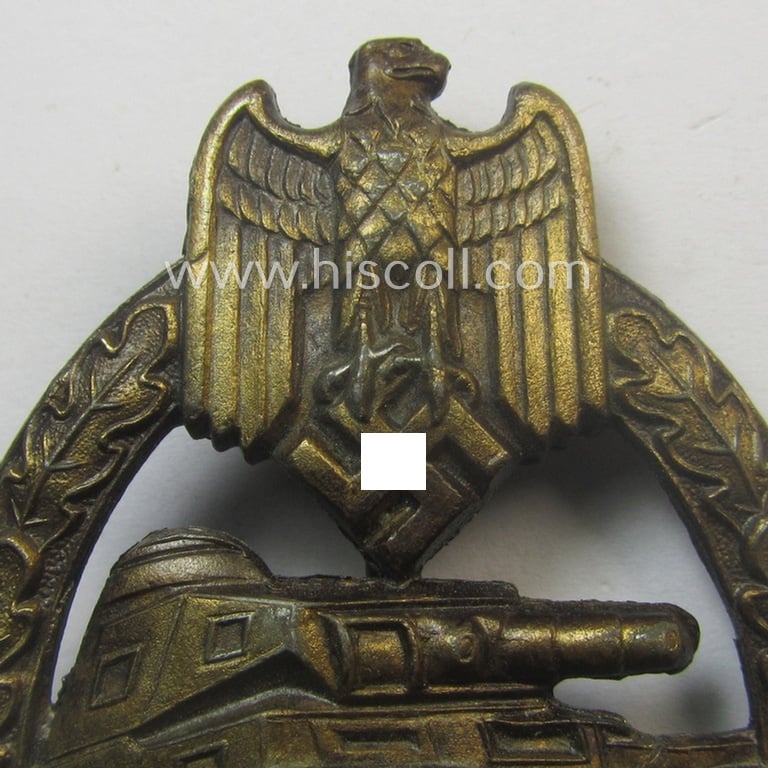 'Panzerkampfabzeichen in Bronze' (or: bronze-class panzer assault-badge or PAB) being a zinc- (ie. 'Feinzink'-) version (having a so-called: 'horizontal-crimp-set-up') as was procuced by the: 'Steinhauer u. Lück' (ie. 'S.& L.') company
